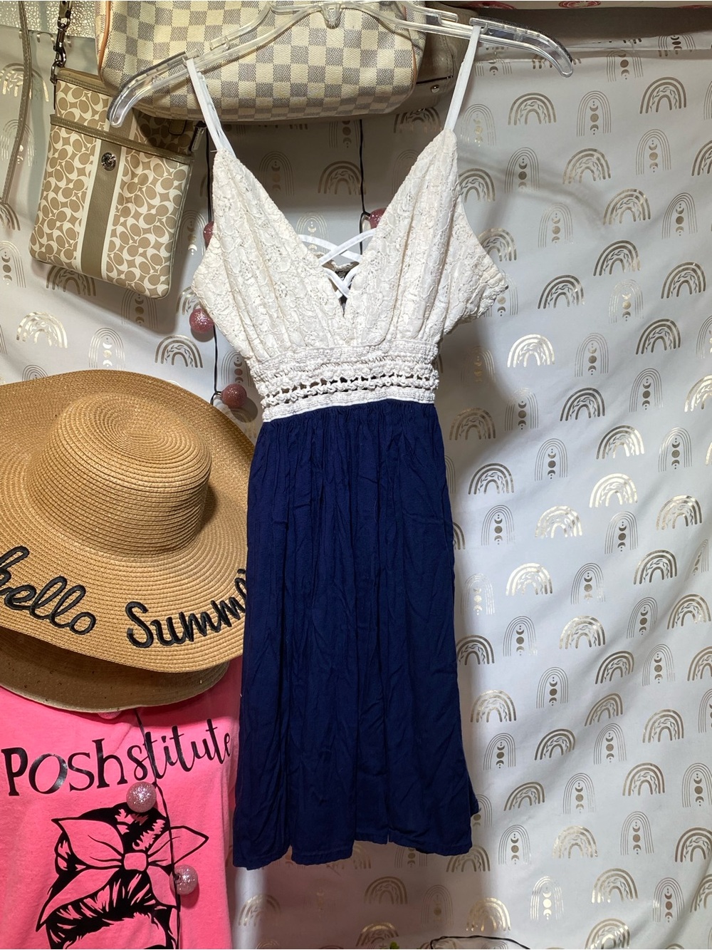 feathers White Crochet Bodice Navy Midi Dress